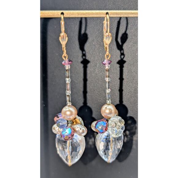 Crystal Faceted Heart Pearl Crystal Flower Beaded Gold Tone Lever Back Earrings - Picture 4 of 8